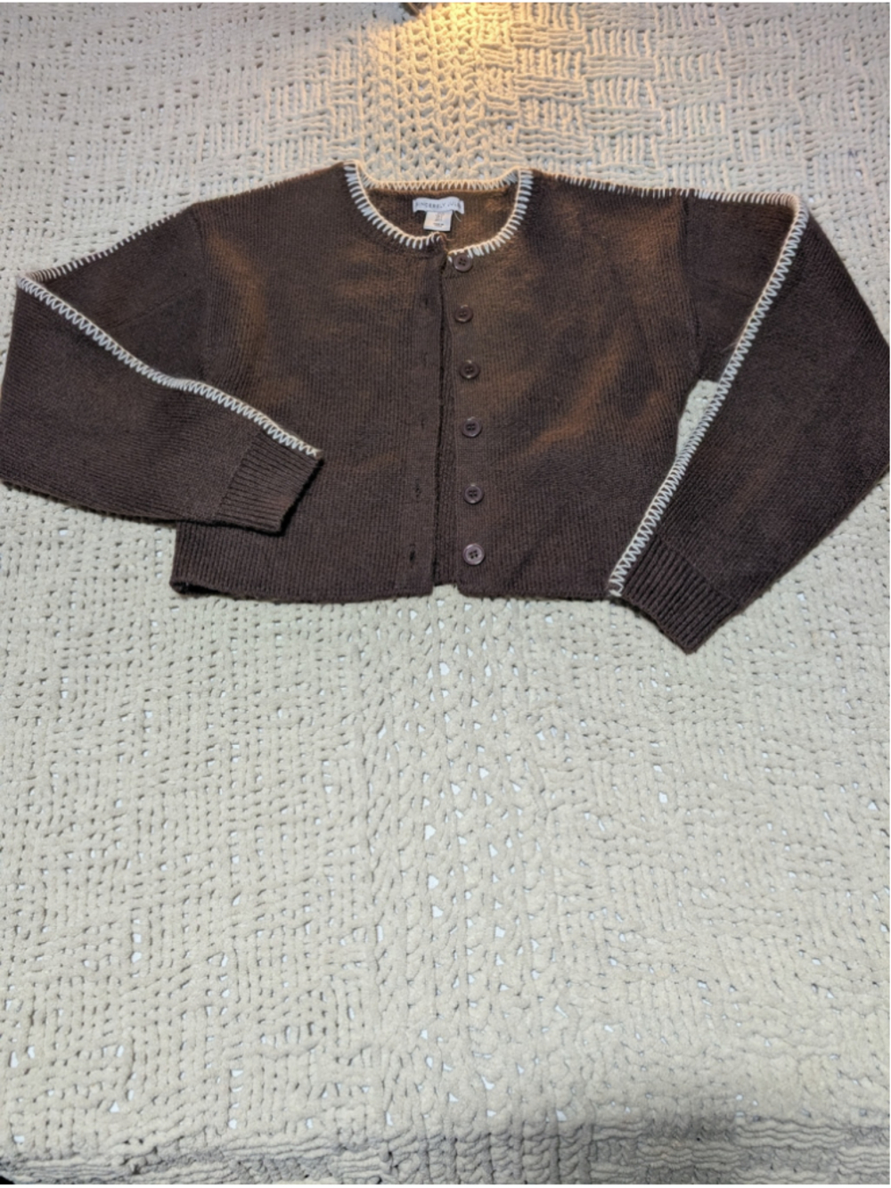 Women's Sincerely Jules Brown Cardigan Sweater, Size S, White Accent Stitch